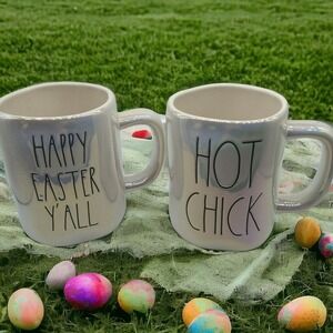 Rae Dunn “HAPPY EASTER Y'ALL” "HOT CHICK" Iridescent Artisan Mugs RARE NWT